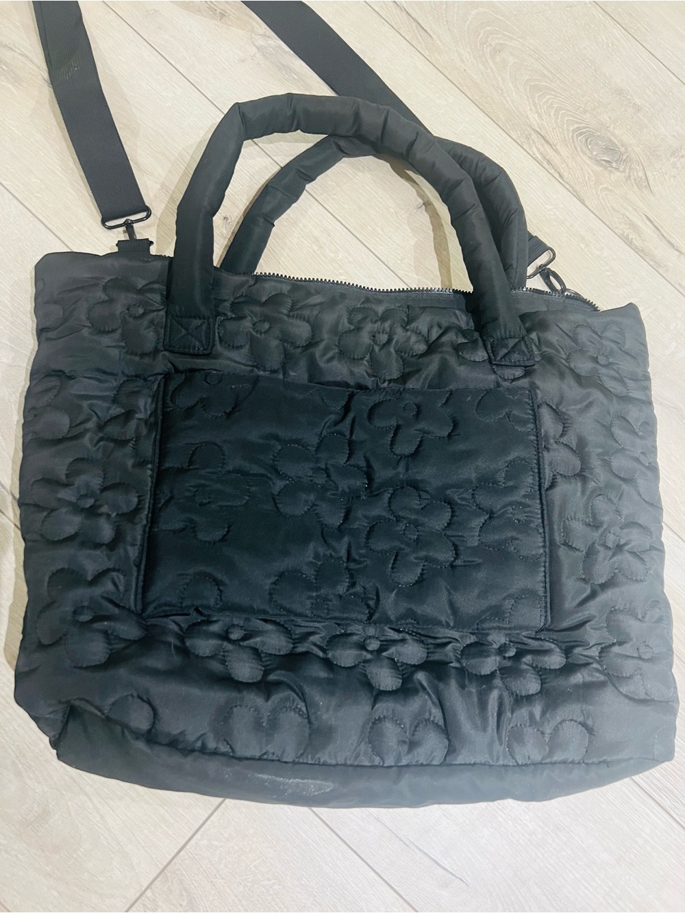 Quilted Floral Tote Bag - Black